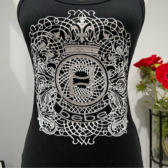 NEW Bebe Y2K Ribbed Bling Rhinestone Graphic Scoop Neck Tank Top S NWOT - Picture 2 of 12
